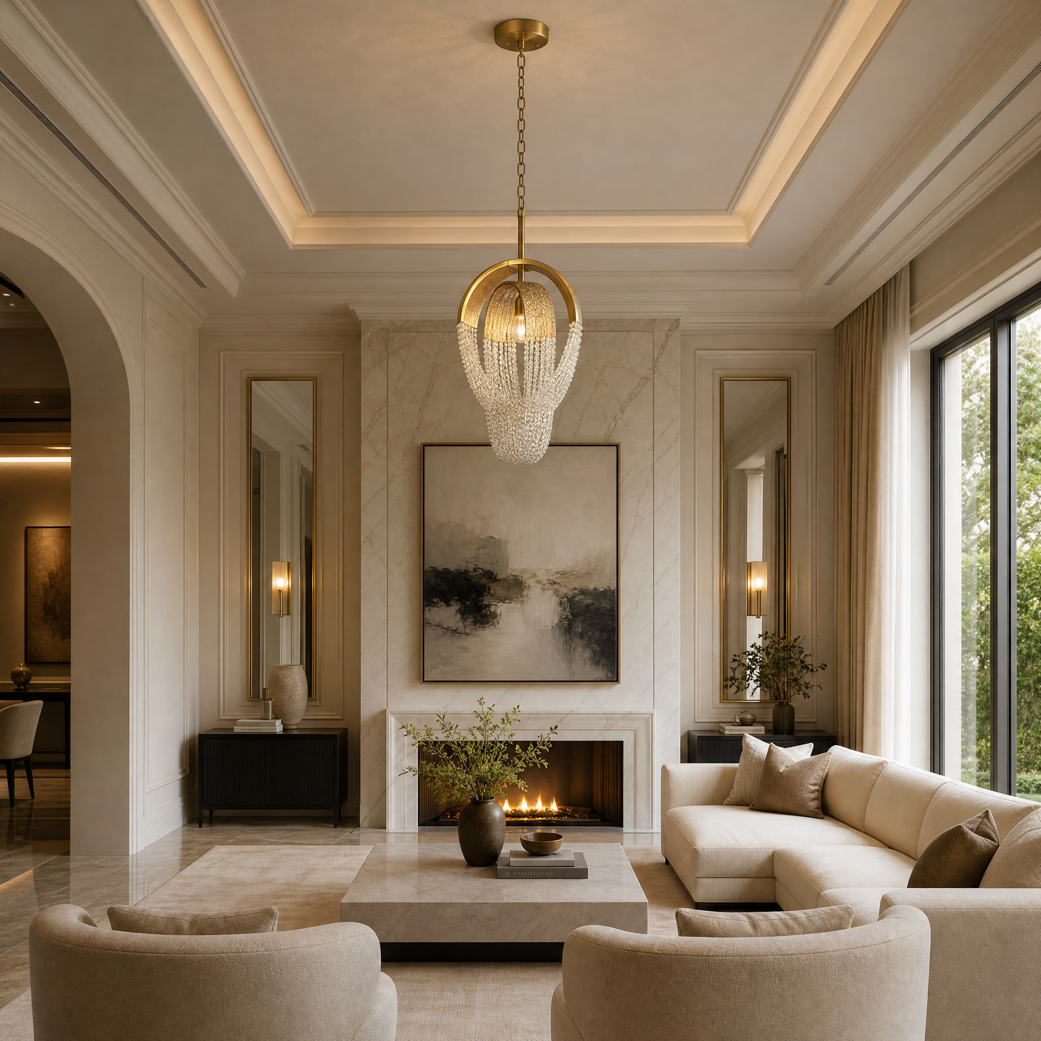The Cindi luxury crystal pendant light by VORELLI hanging elegantly over a contemporary dining room table in a sophisticated residential interior.