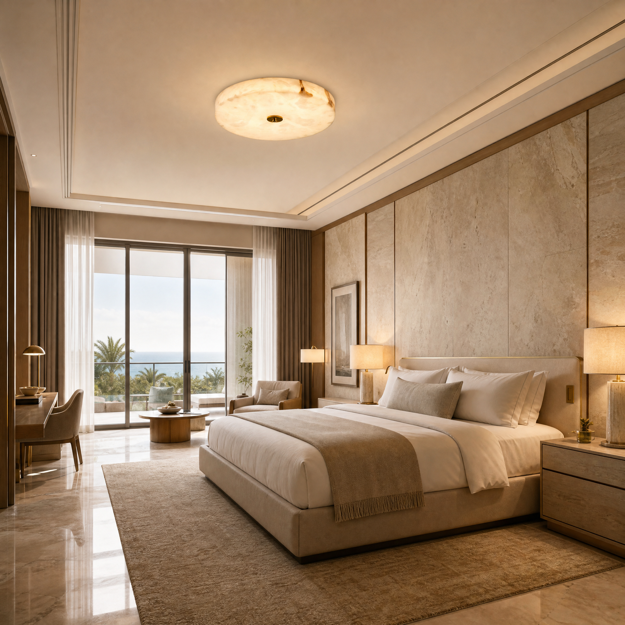 Luxury hotel lobby interior featuring the circular Cira marble ceiling light softening a modern architectural space.
