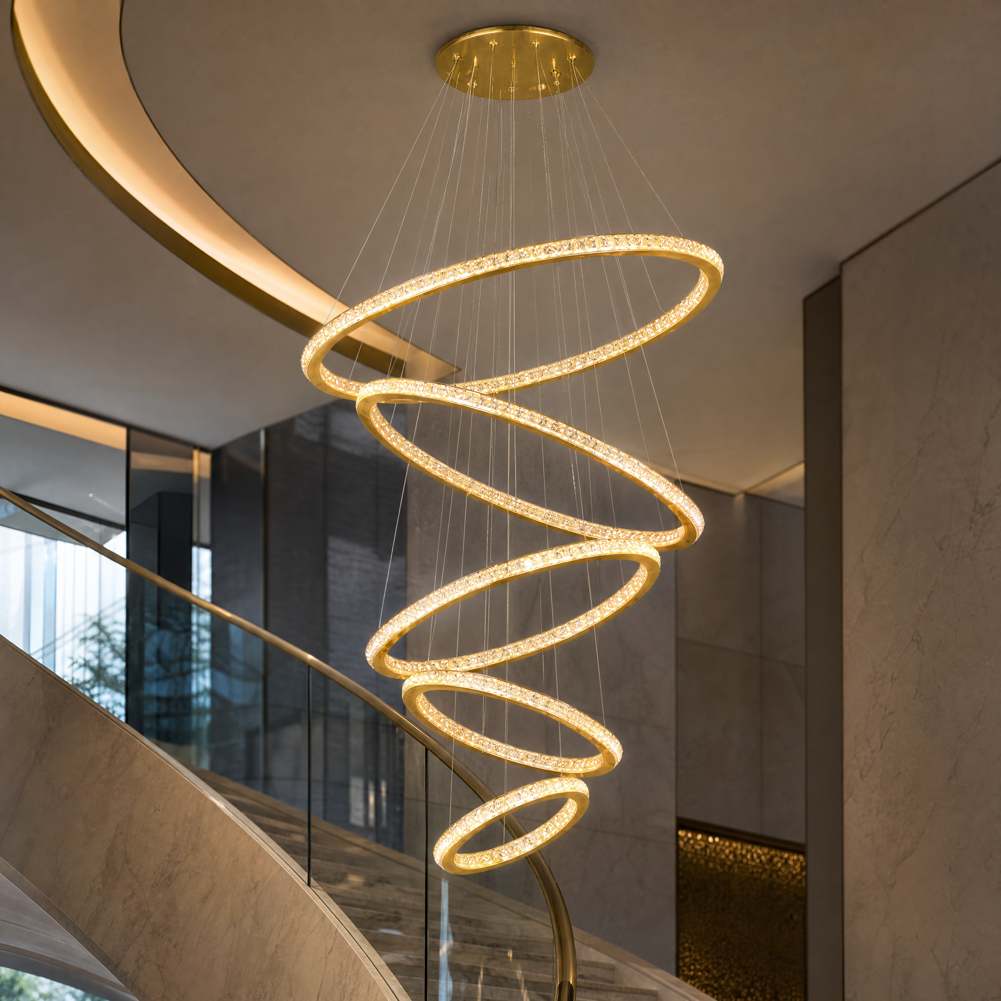 Close-up view of the Claremont chandelier showcasing intricate sparkling crystal elements set in polished metal rings.