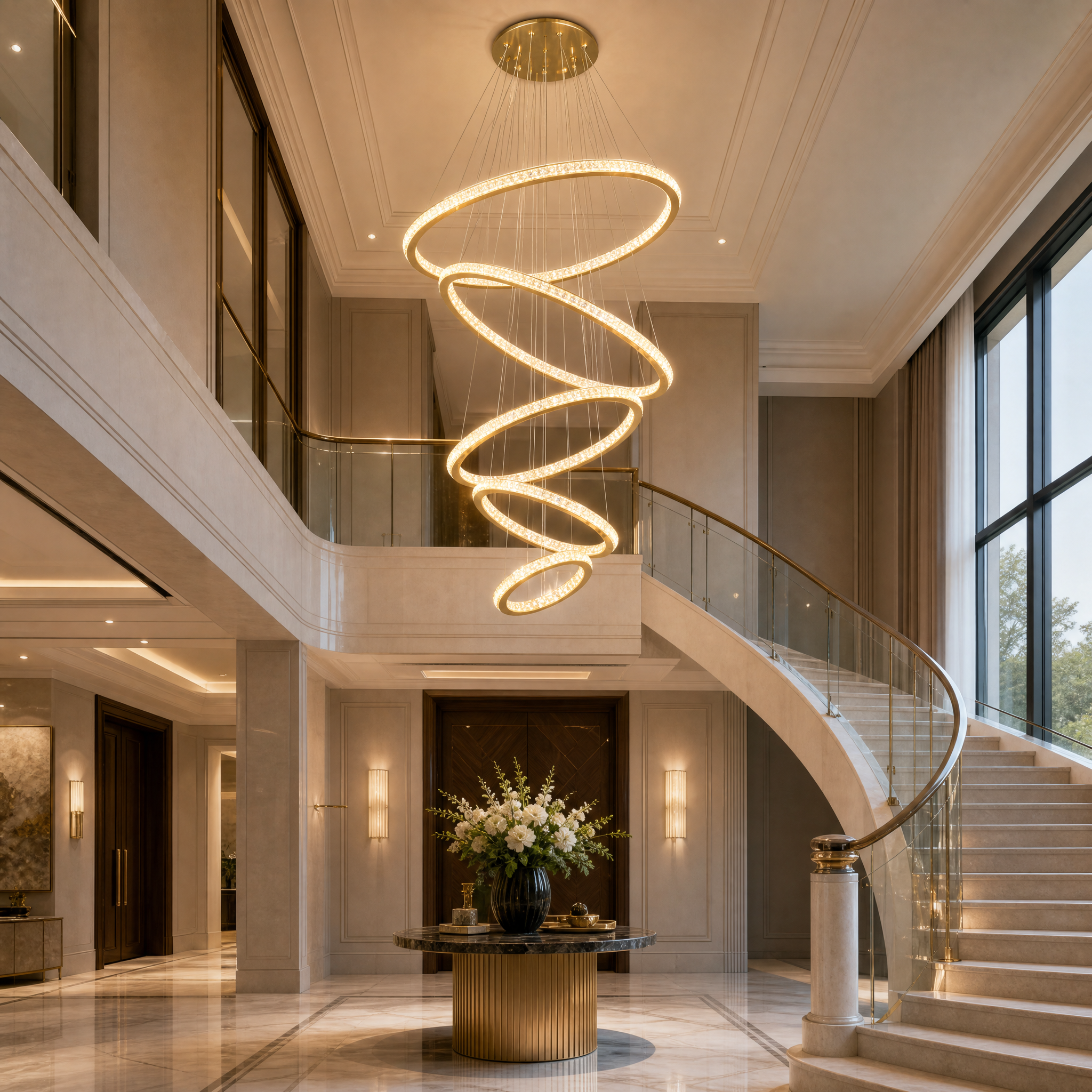VORELLI Claremont ring staircase chandelier installed in a grand modern residential foyer with cascading crystal rings.