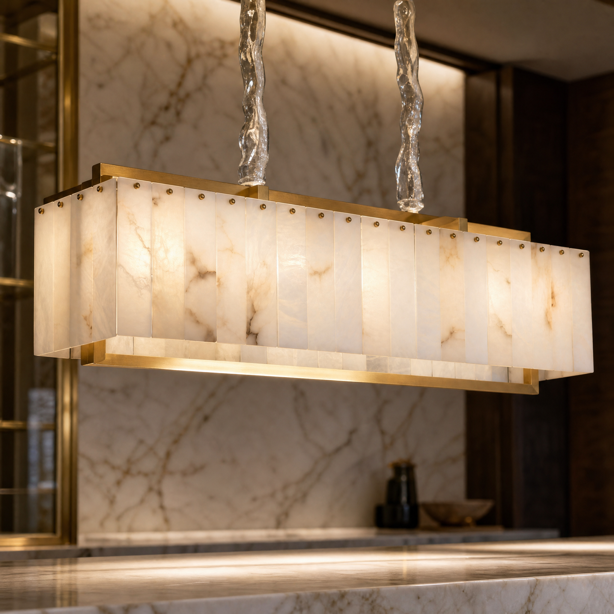 Close-up detail of the luxurious veined marble panels and clean lines of the VORELLI Classico Rectangular Chandelier, diffusing a soft, warm ambiance.