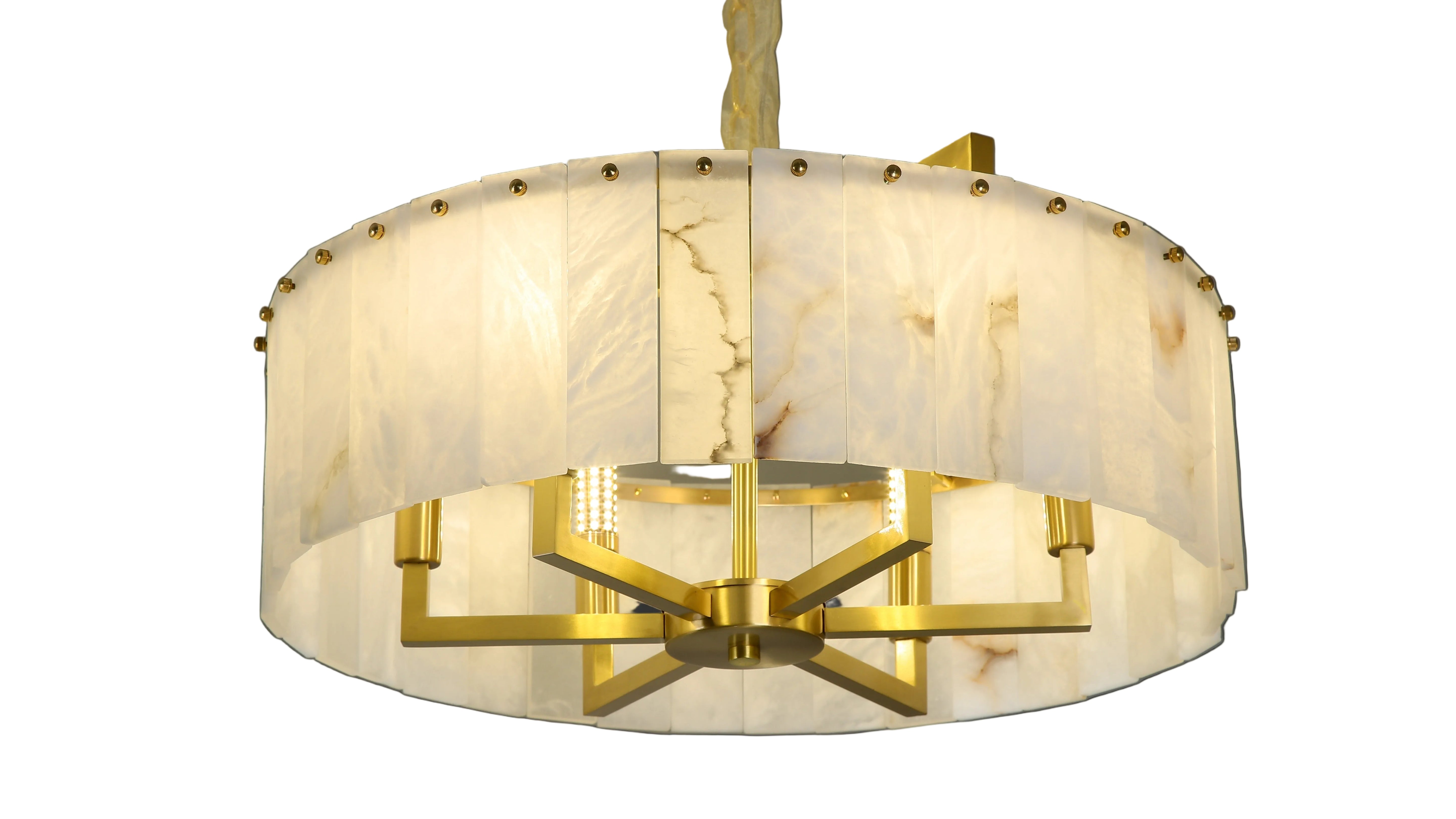 classisco marble circular chandelier with hand carved marble panels and gold frame