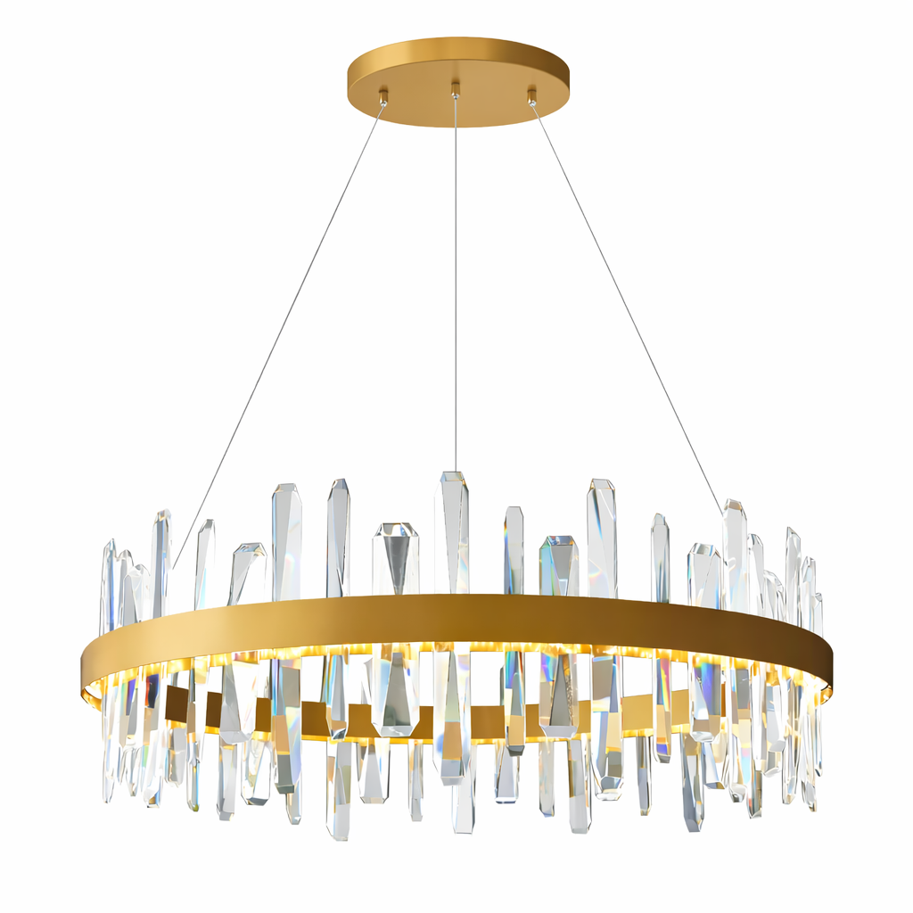 Close-up detail of the Grantchester chandelier's vertical thick crystals, highlighting the premium craftsmanship and elegant light refraction.