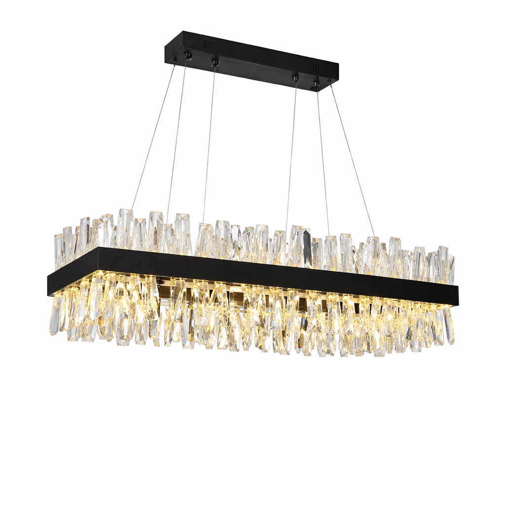 Close-up detail of the Malahide Rectangular Chandelier by VORELLI, highlighting the precision-cut crystal bars and modern geometric design.
