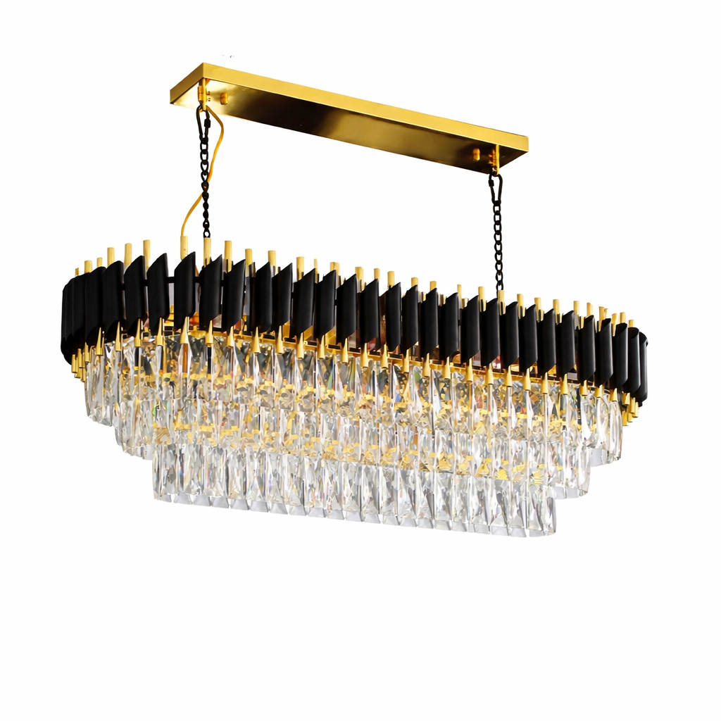 Close-up detail of the modern VORELLI Milltimber rectangular chandelier, emphasizing the sharp lines of the rectangle crystals and premium metal tubing.