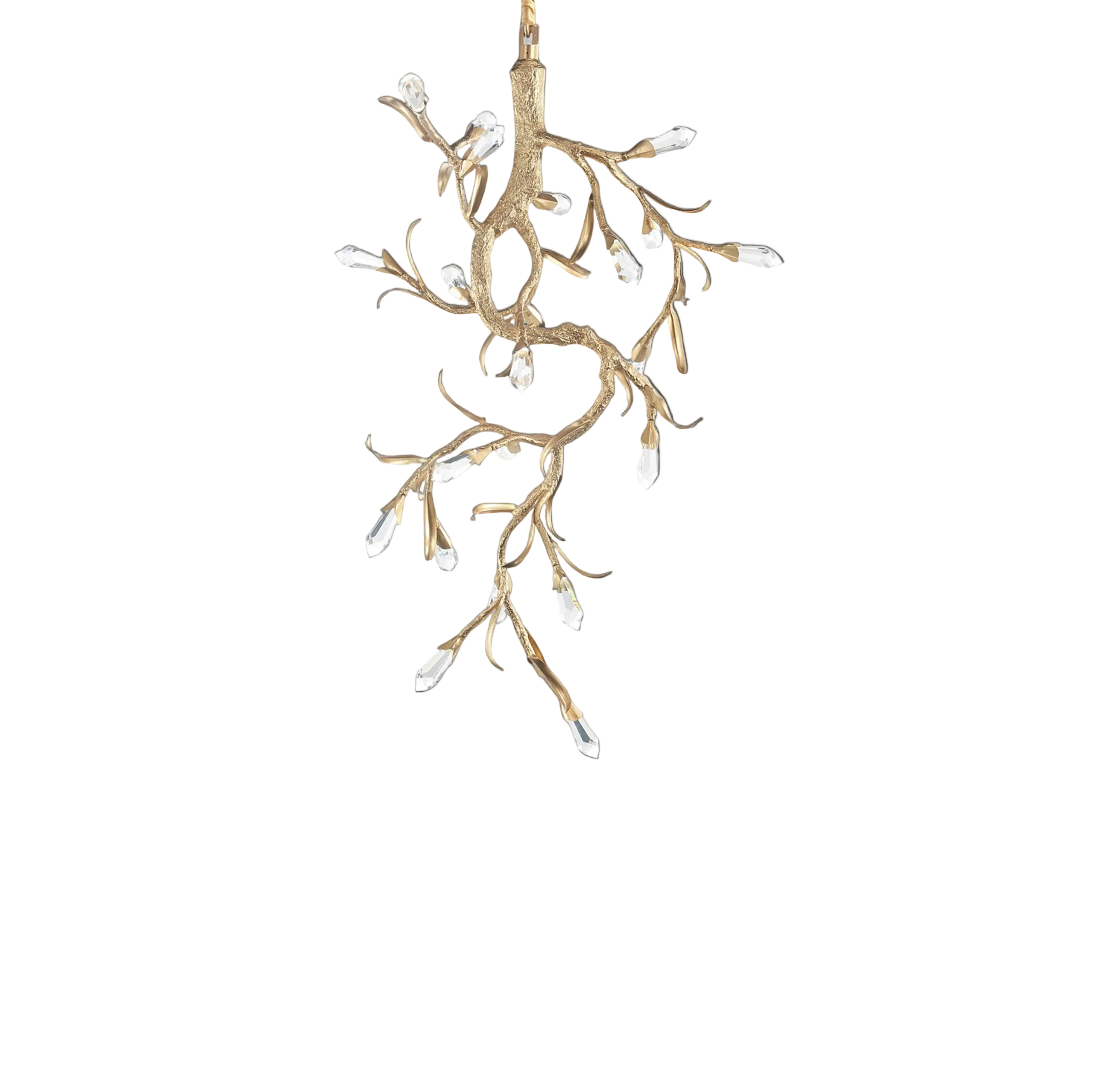 Close-up detail of the VORELLI Entwine pendant light, highlighting the exquisite textures of diamond-cut crystal drops catching the light against flowing golden branches.