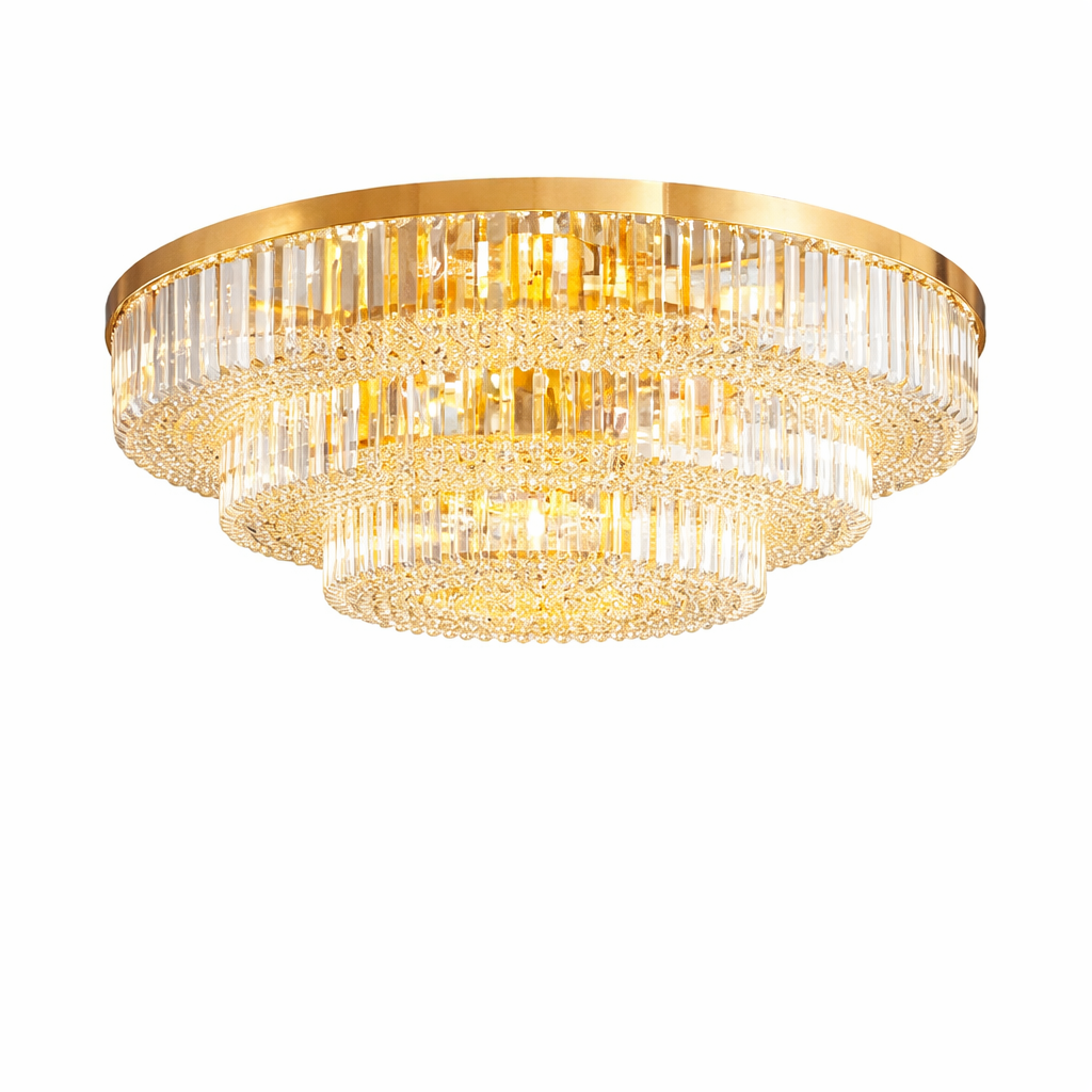Close-up detail of the VORELLI Merlimont ceiling light, showcasing the precision-cut shimmering crystal bars and premium metallic finish for an upscale interior design.