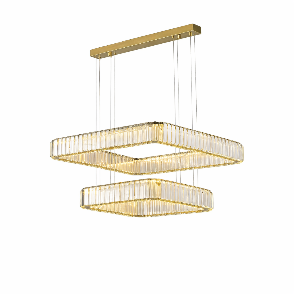 Close-up detail of the VORELLI Oia Square Circular Chandelier, showcasing the brilliant light refraction through premium layered crystal bars.