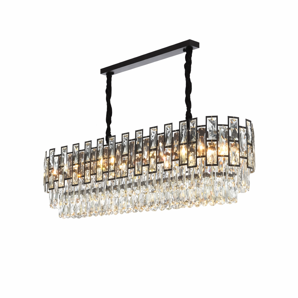 Close-up detail of the VORELLI Presidio Rectangular Chandelier showing the precision cut of the faceted arch crystals reflecting luxury light.