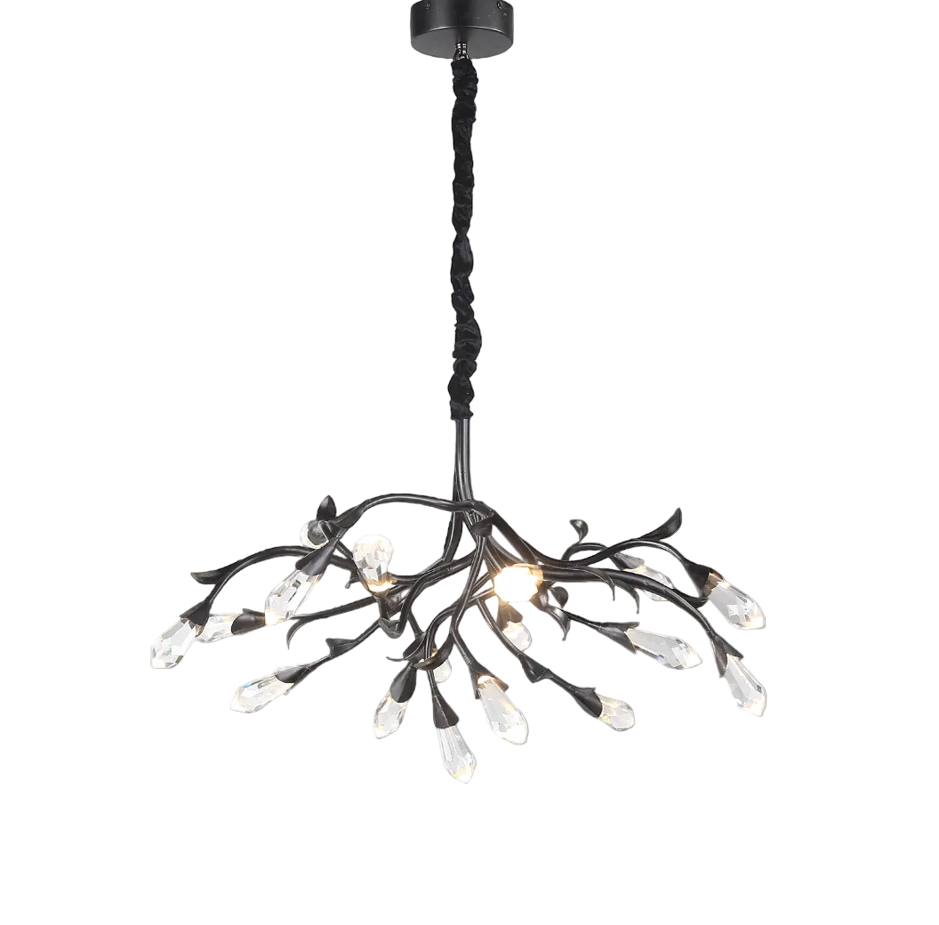 Close-up detail of the VORELLI Virella Pendant Light featuring delicate crystal drops suspended from a sculptural contemporary branching frame, creating a soft and elegant glow.