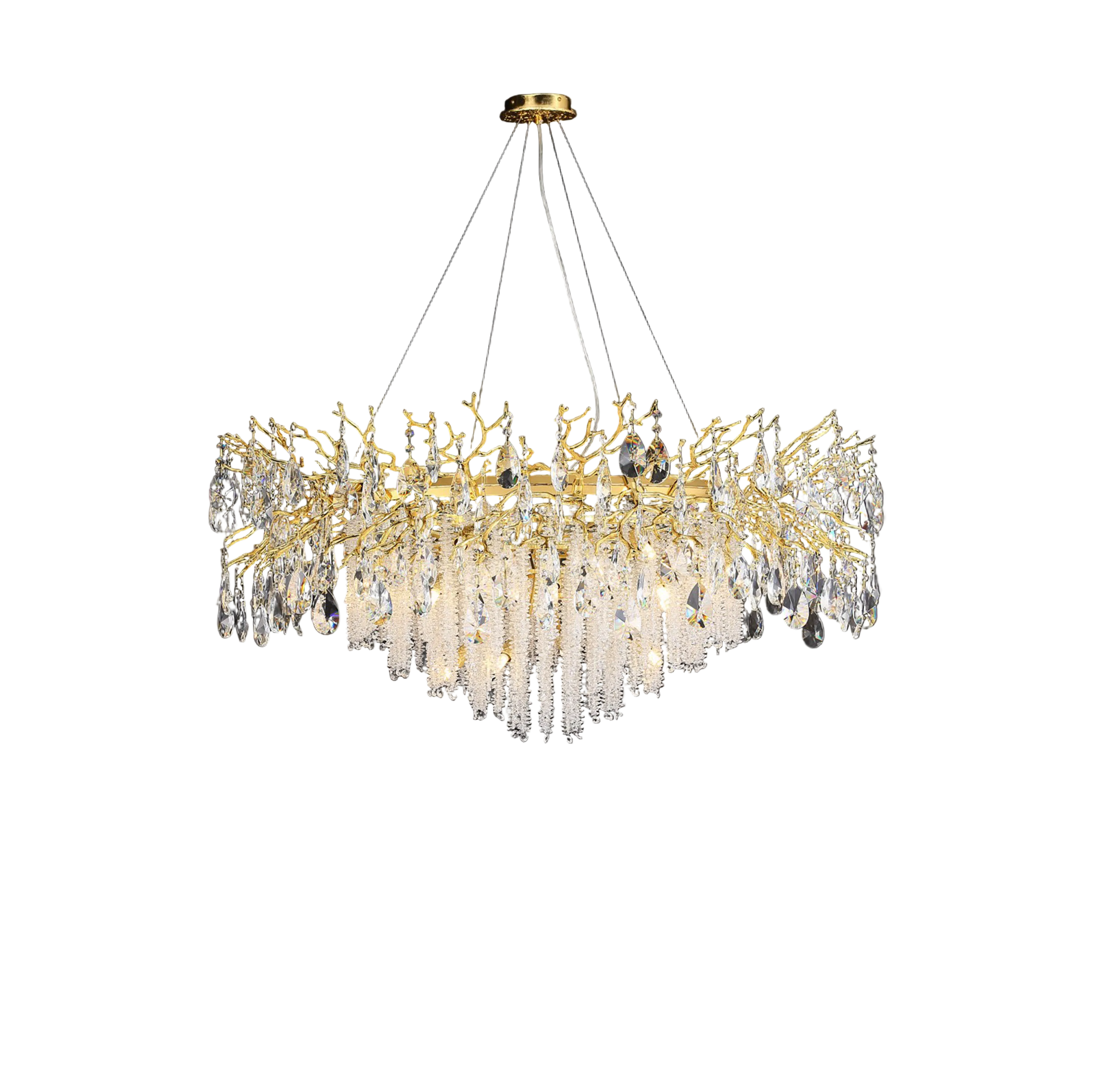 Close-up detail of the Wisteria Dewdrop Circular Chandelier showing the intricate sculpted branch finish and light refracting through individual crystal droplets.