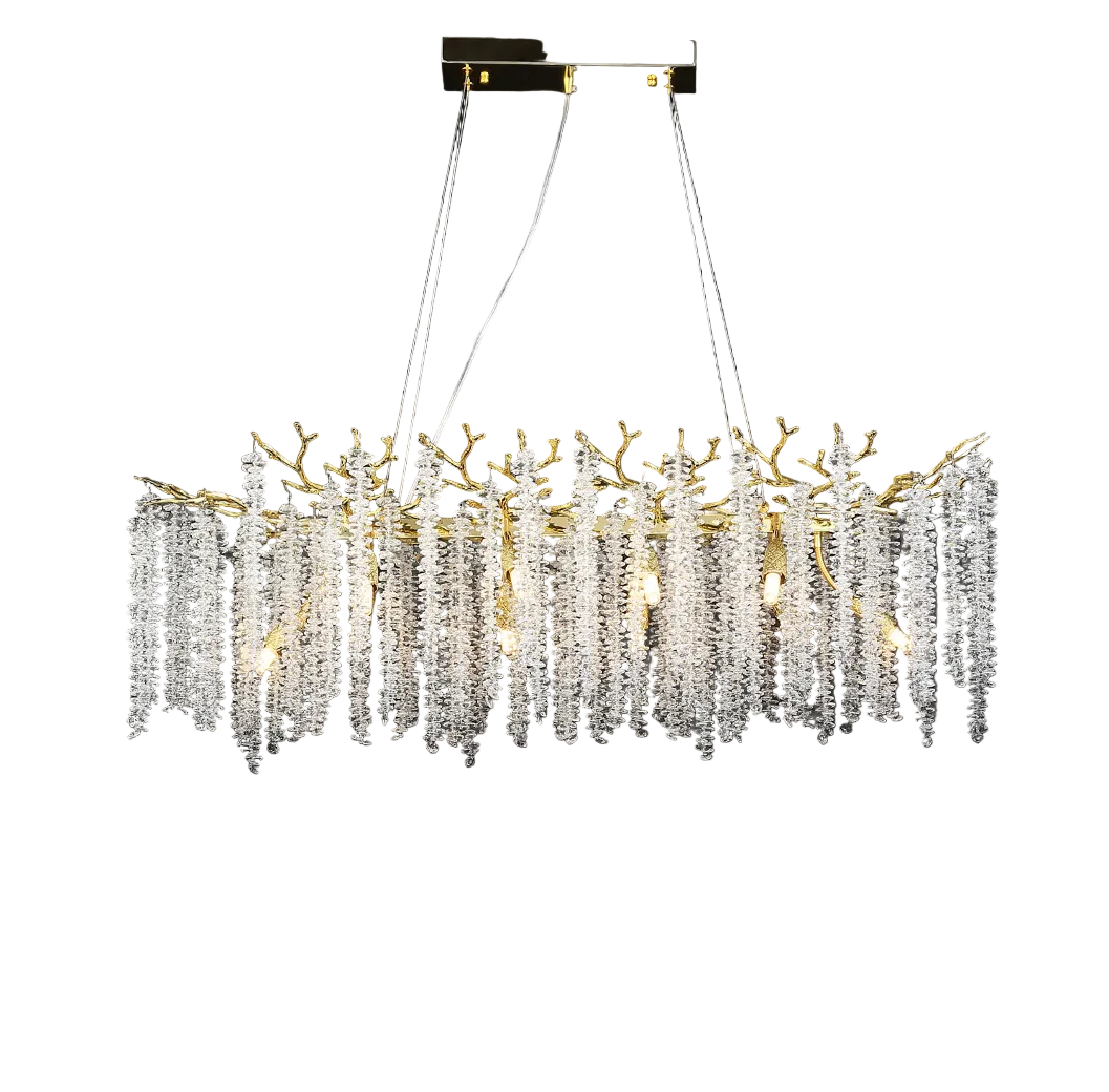 Close-up detail of the Wisteria Rectangular Chandelier showing the intricate sculptural metal detailing and how it elegantly holds the layered crystal strands.