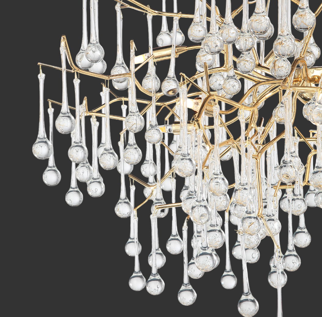 Close-up macro shot highlighting the sparkling suspended crystal droplets on the VORELLI L'Albero d'Oro luxury light fixture.