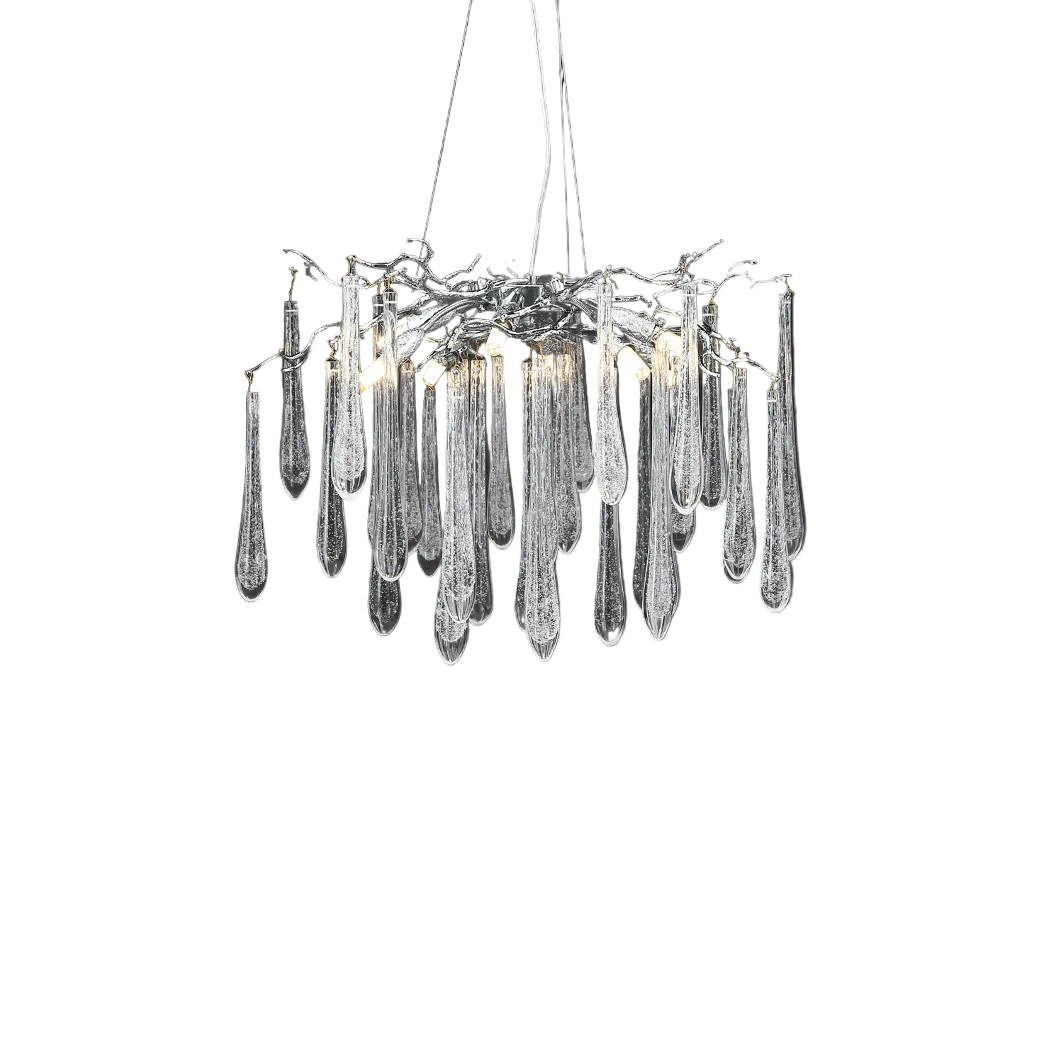 Close-up of the delicate hand-formed droplet glass elements on the VORELLI Farella chandelier, capturing the captured sense of falling rain.