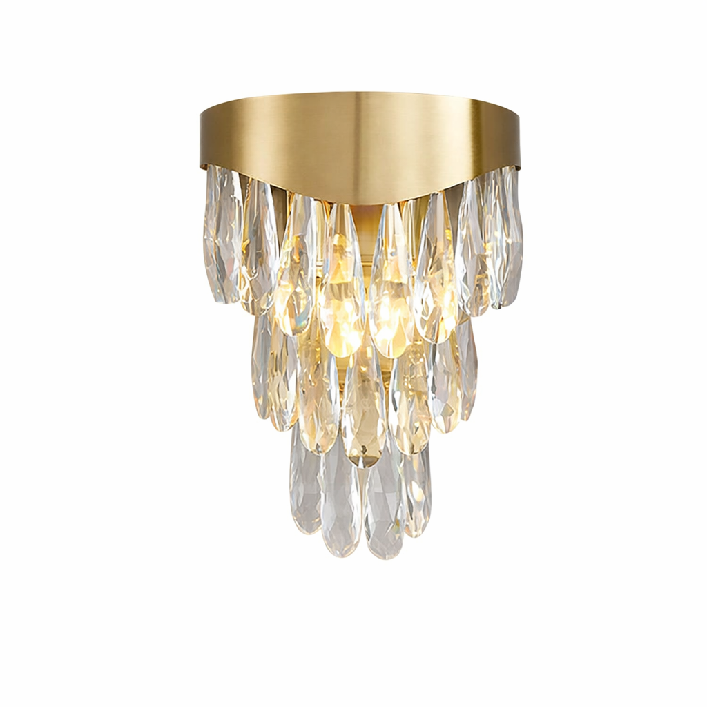 Close-up of the Lomazzo Wall Light by VORELLI featuring premium diamond-cut teardrop crystals that catch the light for a luxurious, sparkling effect.