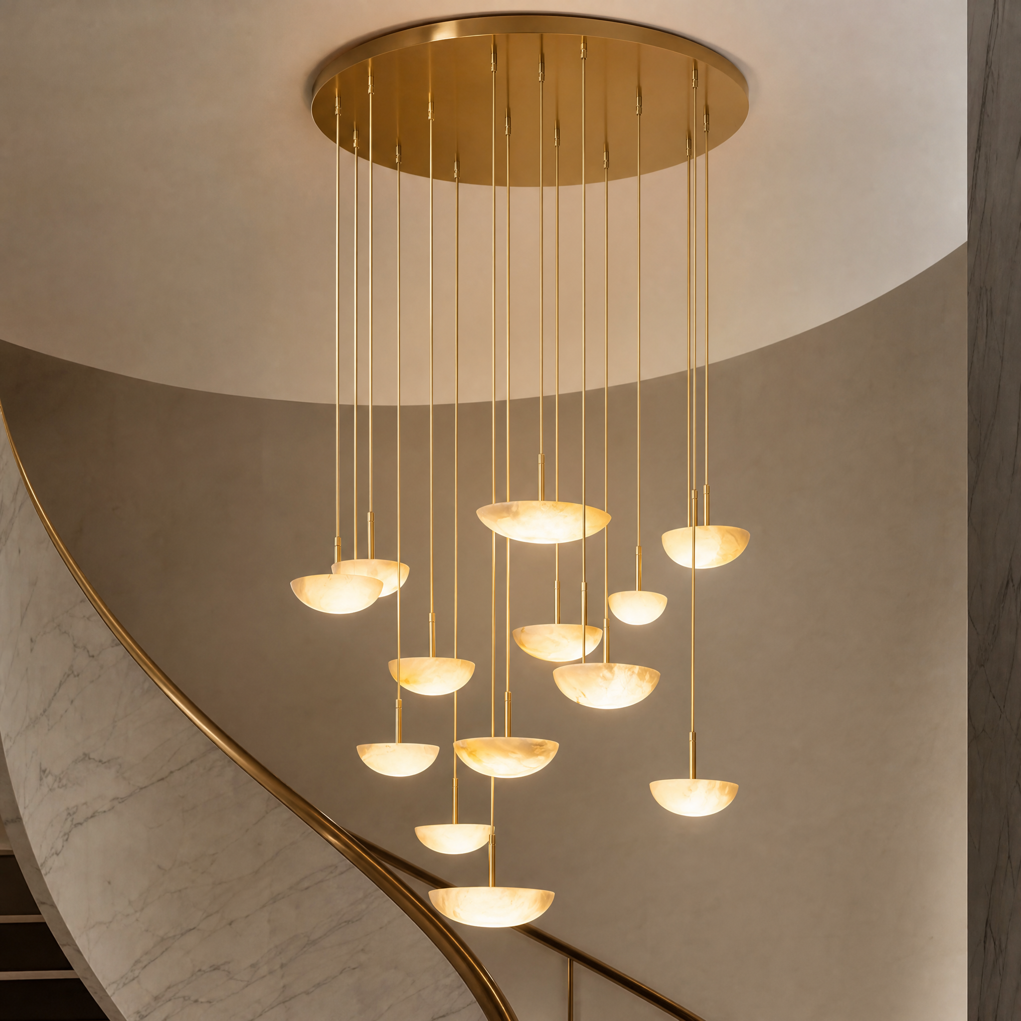 Close-up of the translucent, hand-carved marble elements of the Alba Pendant Chandelier, showcasing the unique natural stone veining under warm, ambient light.