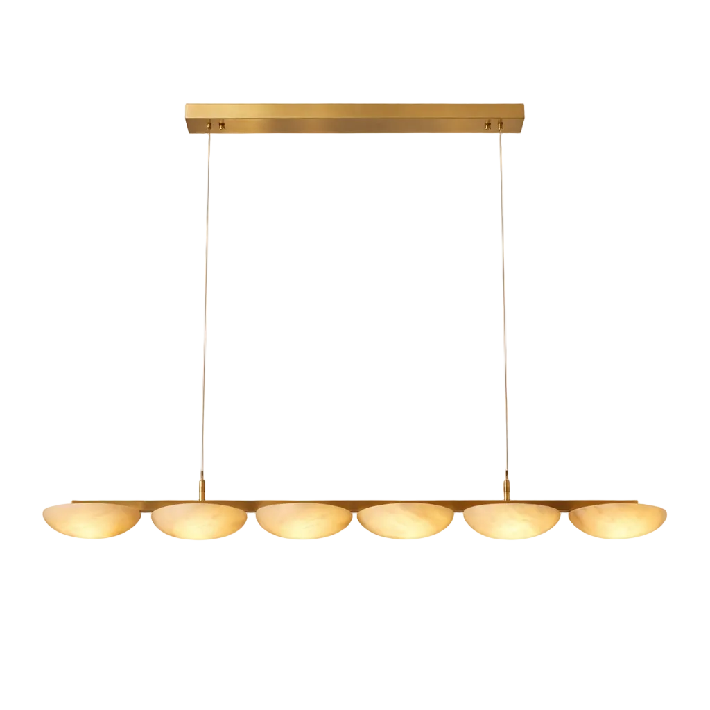 Close-up of the VORELLI Alba Marble Rectangular Chandelier showing the smooth texture and natural veining of the premium marble half-spheres glowing with warm ambient light.