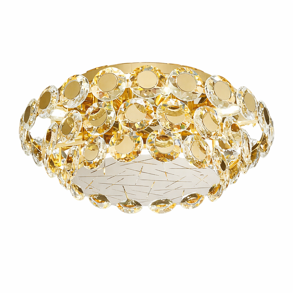 Close-up of the VORELLI Patara ceiling light emphasizing the brilliant refraction through the diamond-cut crystal discs against the sleek titanium finish.