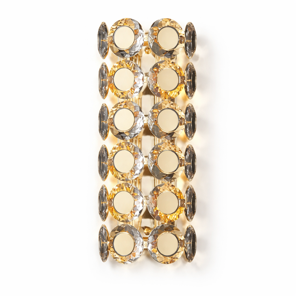 Close-up of VORELLI Manzoni Wall Light showing intricate diamond-cut crystal discs and polished titanium gold stainless steel finish.
