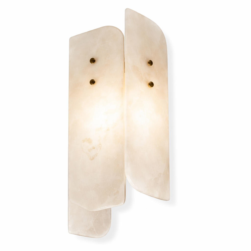 Close-up view of the Antonio Marble Wall Light by VORELLI, showcasing the intricate texturing of the genuine stone and its refined, modern silhouette.