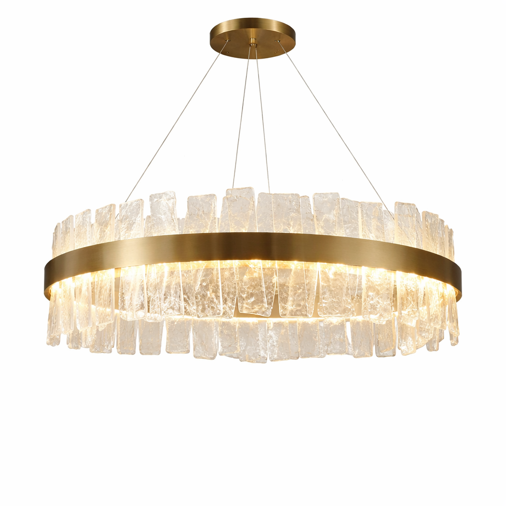 Close-up view of the Kensington circular chandelier by VORELLI, emphasizing the intricate textures and luxurious sparkle of the cracked crystal details.