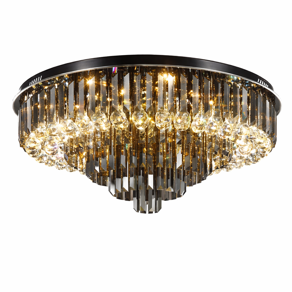 Close-up view of the Margoux ceiling light by VORELLI, emphasizing the sparkling reflection of light through premium crystal spheres.