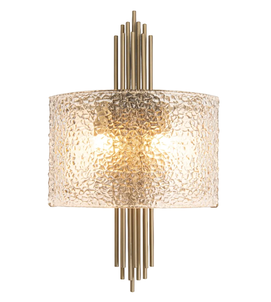 Close-up view of the Ravello Wall Light by VORELLI, highlighting the beautiful light refraction through the premium textured crystal glass.