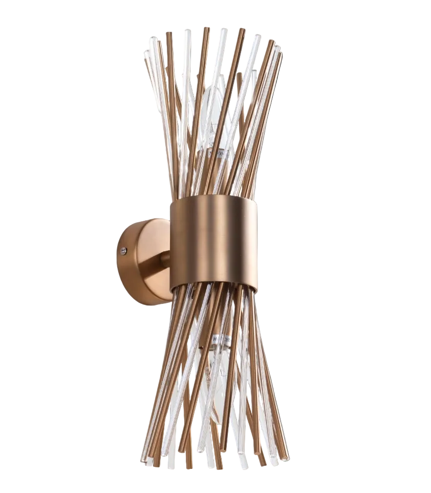 Close-up view of the VORELLI Arliano wall light's delicate glass detailing and intersecting metal rods, showcasing an ambient play of light and shadow for an upscale mood.
