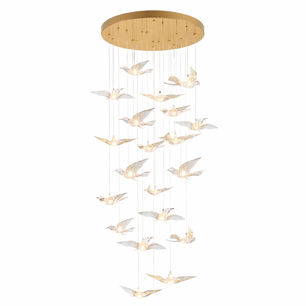 Close-up view of the VORELLI Uccello staircase chandelier showcasing the artistic, fine craftsmanship of the individual glowing bird pendants.