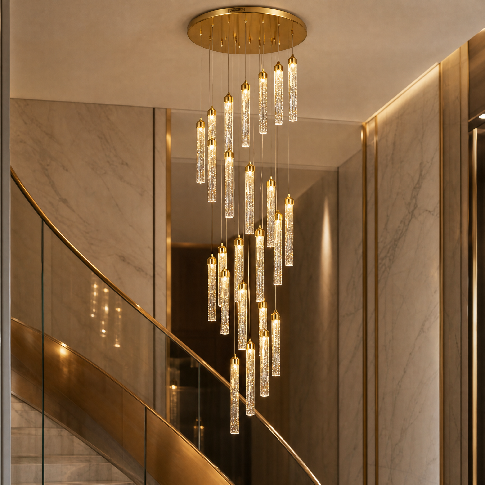 Macro close-up of the VORELLI Cobham staircase chandelier, showcasing the intricate texture and warm illumination of its signature bubble-effect crystal tubes.
