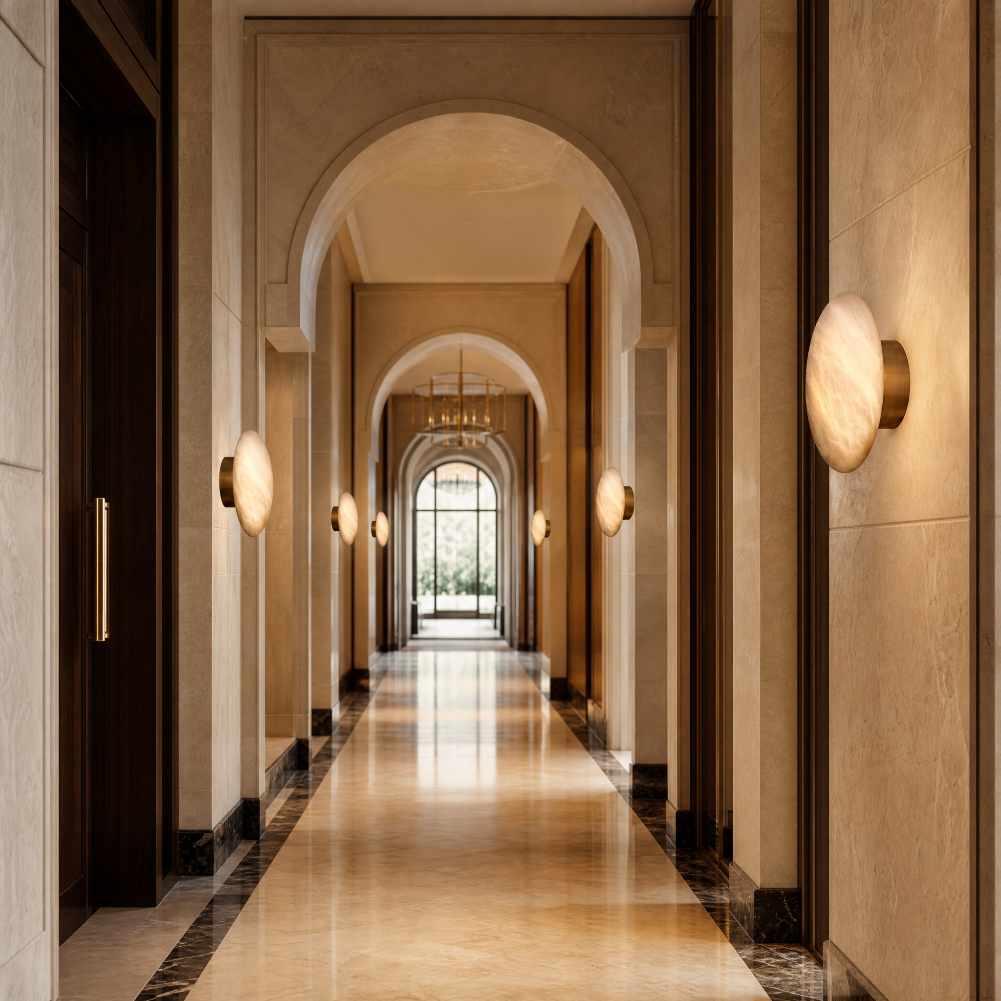 A pair of VORELLI Como circular marble wall sconces creating a serene and refined atmosphere in a luxury hotel lounge interior.