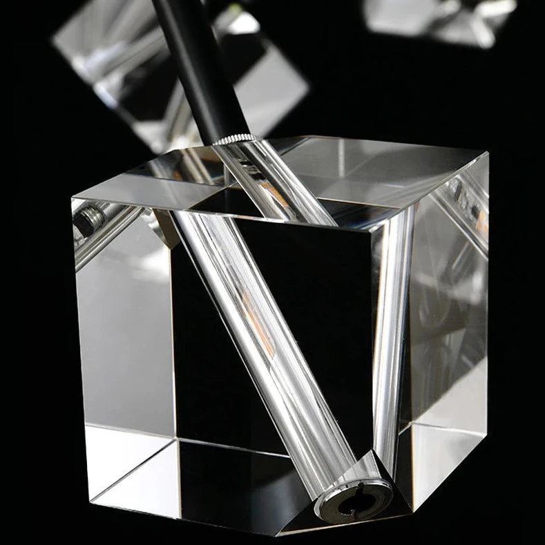 close up of angular crystal shade on crenshaw pendant revealing faceted detailing