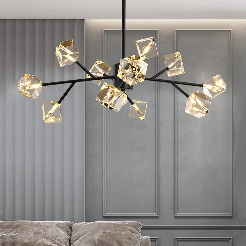 crenshaw pendant chandelier with angular crystal shades in modern living room