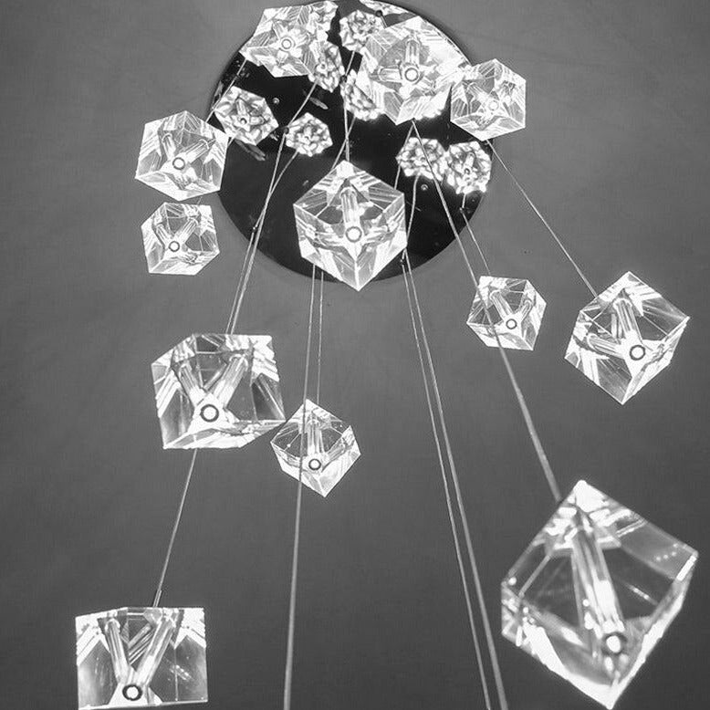 close up of cube cut crystal pendants on crenshaw staircase chandelier