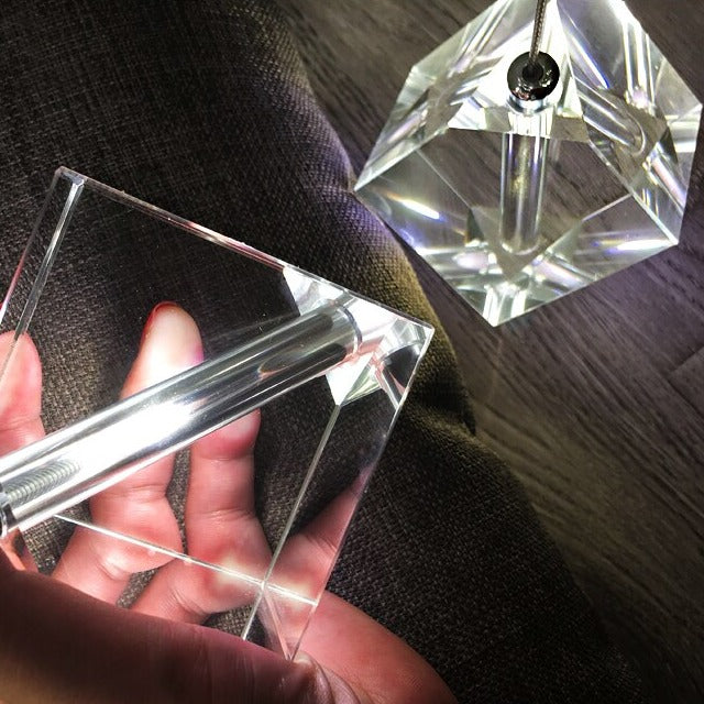 macro shot of cube crystal showing faceted clarity from crenshaw staircase chandelier