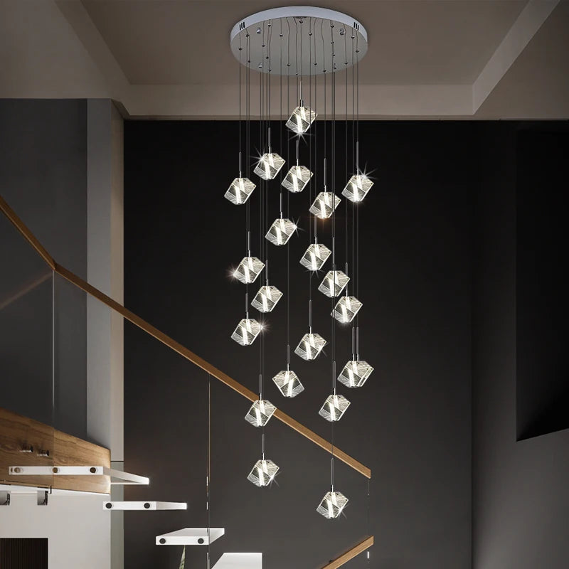 crenshaw staircase chandelier with cascading cube crystal pendants in luxury foyer