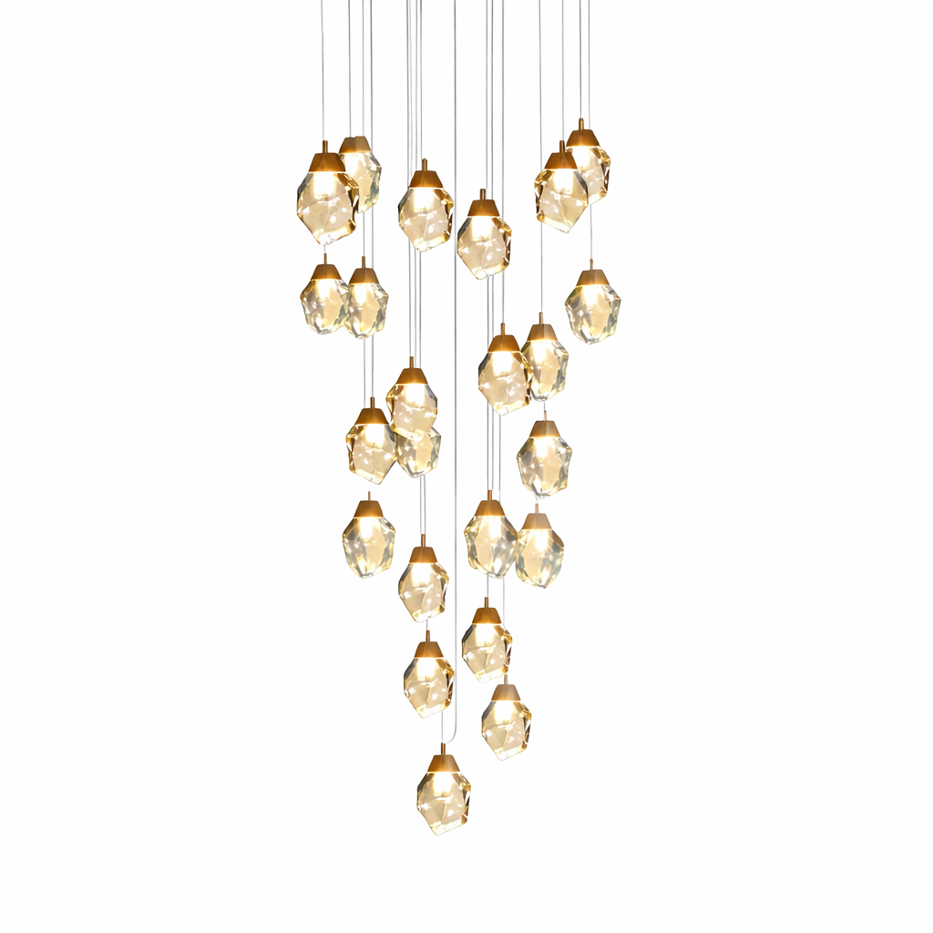 Dazzling close-up view of the Runtz modern pendant chandelier by VORELLI, highlighting the intricate geometric facets of the crystal spheres.