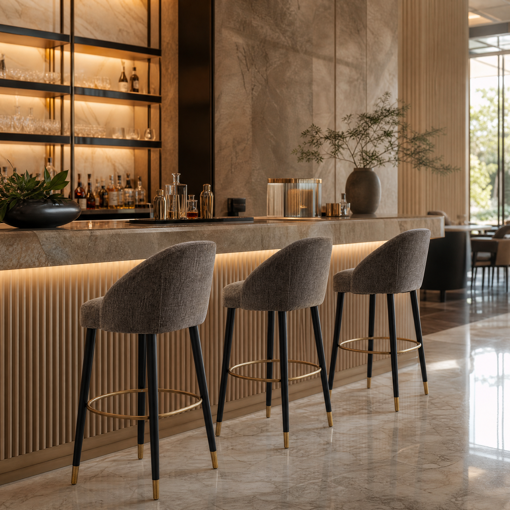 A row of Denevo contemporary brass and black counter stools with mouse fabric seating aligned along a luxury hotel bar lounge.