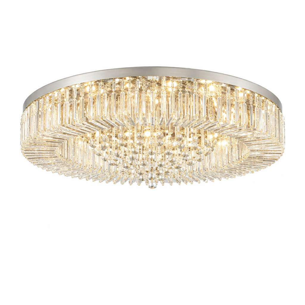 Detailed close-up of the Kiara ceiling light by VORELLI, showcasing the crisp reflections and timeless elegance of its diamond-cut crystals.