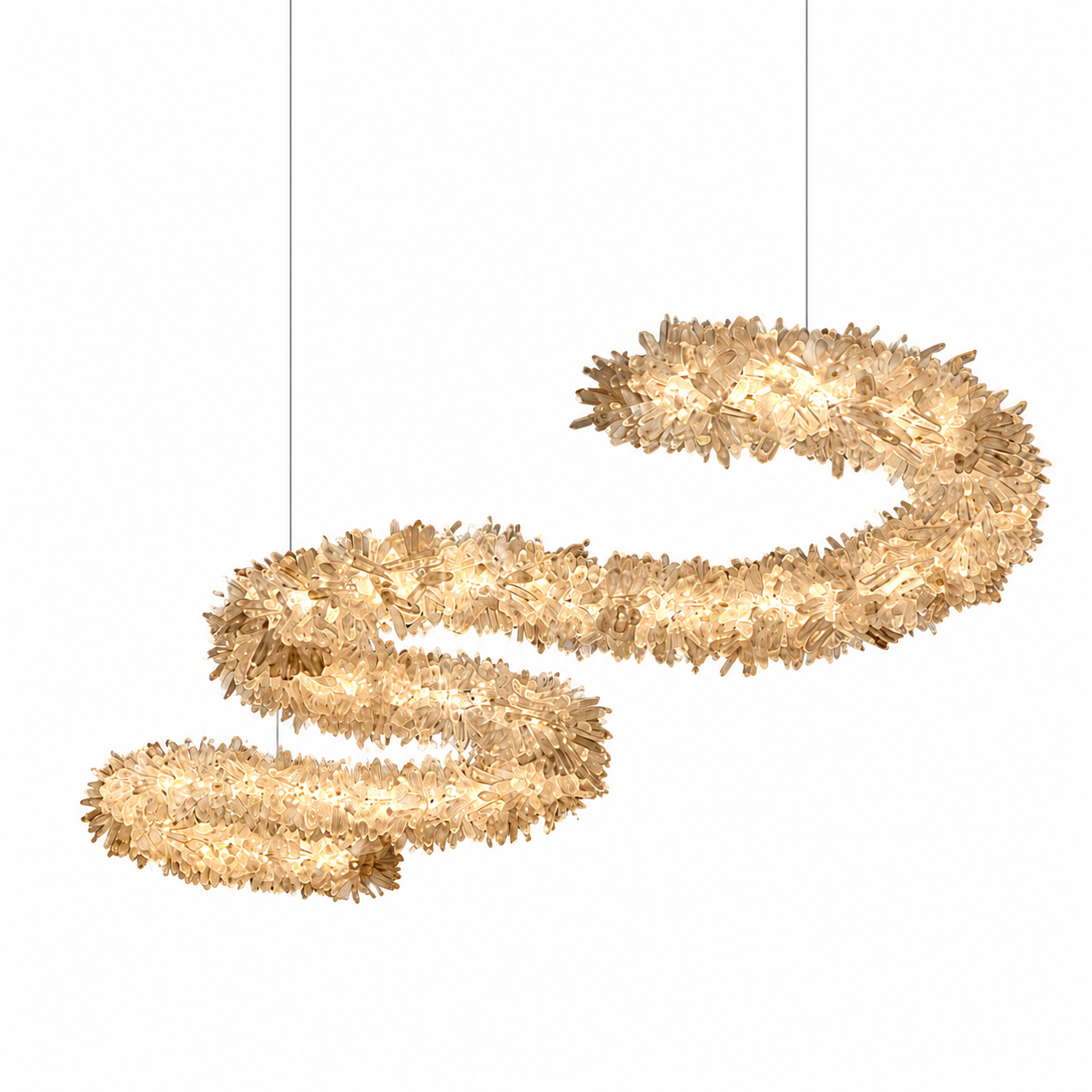 Detailed close-up of the Quartz Arc Rectangular Chandelier by VORELLI, highlighting the naturally formed quartz crystal shards and soft ambient lighting.