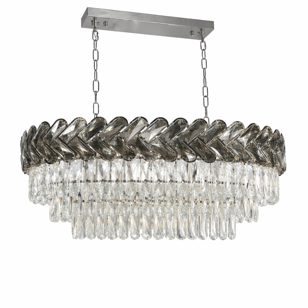 Detailed close-up of the sophisticated two-tone chevron crystal pattern on the Knightsbridge Rectangular Chandelier by VORELLI.