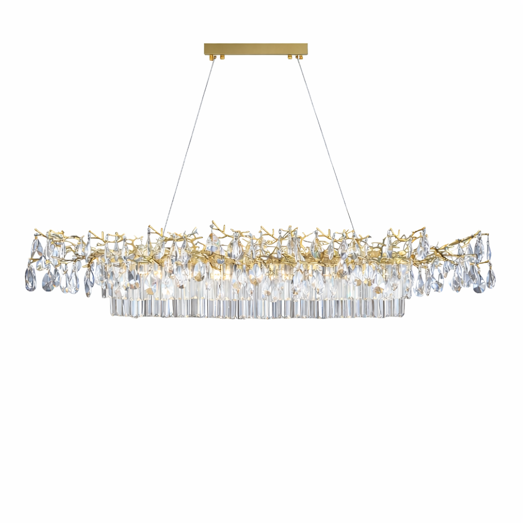Detailed close-up of the VORELLI Dewdrop Rectangular Chandelier II, emphasizing the elegant play of light through layered geometric teardrop crystals.