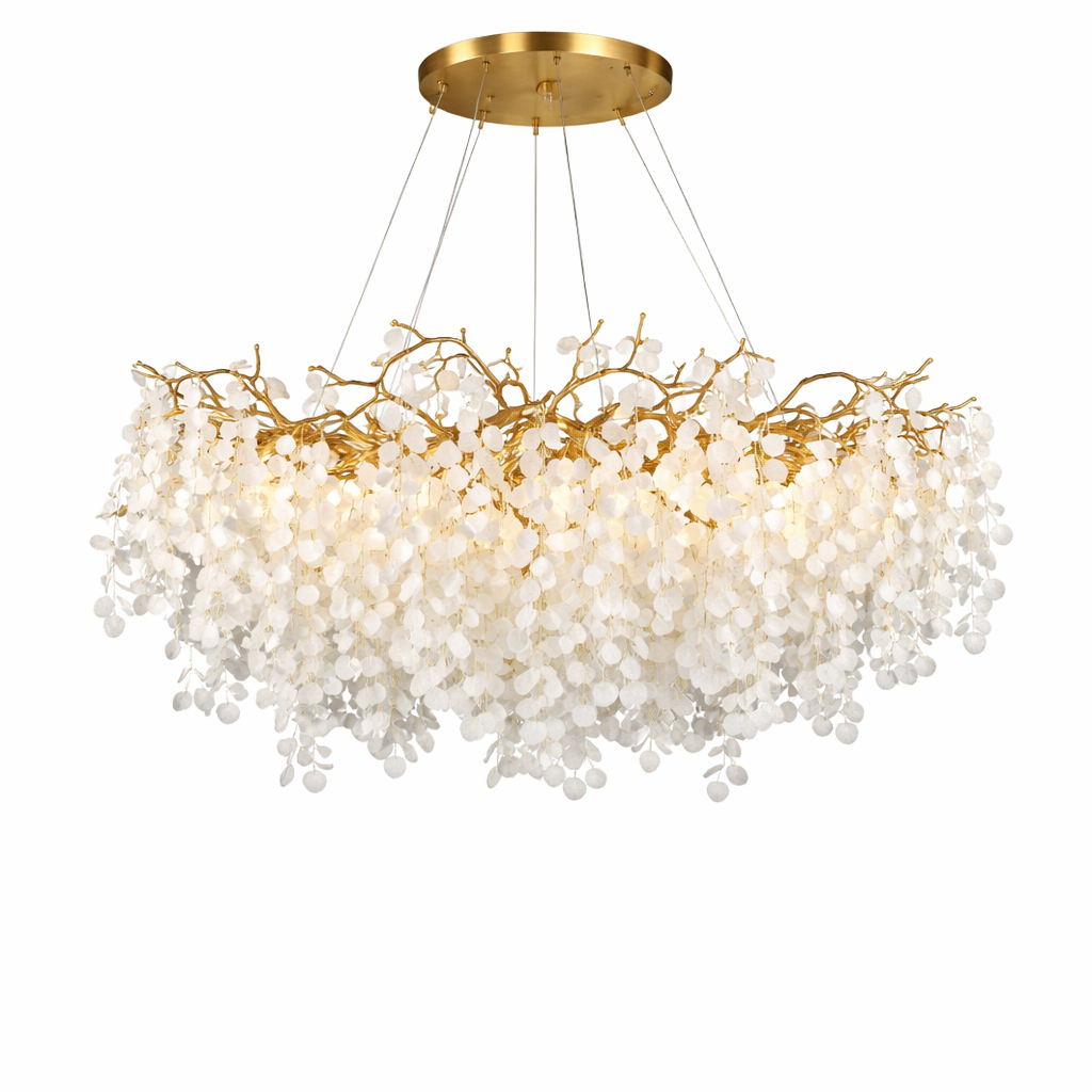 Detailed close-up of the VORELLI Lunaria Circular Chandelier, highlighting the intricately textured, layered glass discs and the soft, luminous glow they emit.