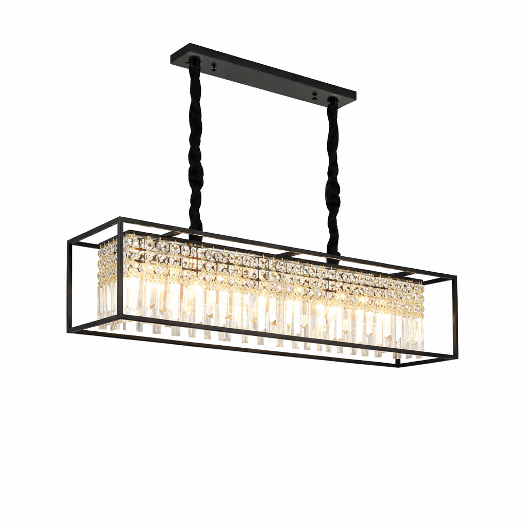 Detailed close-up of the VORELLI Maddison Rectangular Chandelier, showcasing the precision diamond-cut square crystals and elegant crystal bars that create a sophisticated, shimmering ambiance.