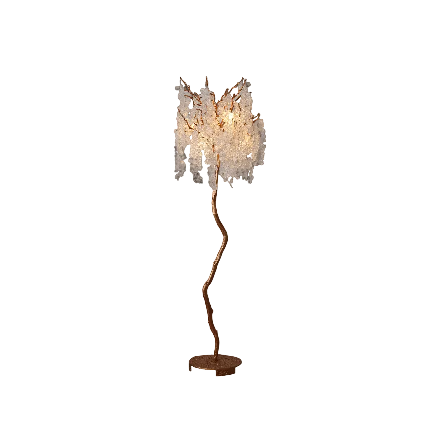 Detailed mood shot of the VORELLI Lunaria floor lamp, emphasizing the exquisite play of light through its textured glass discs to create an atmospheric, upscale ambiance.