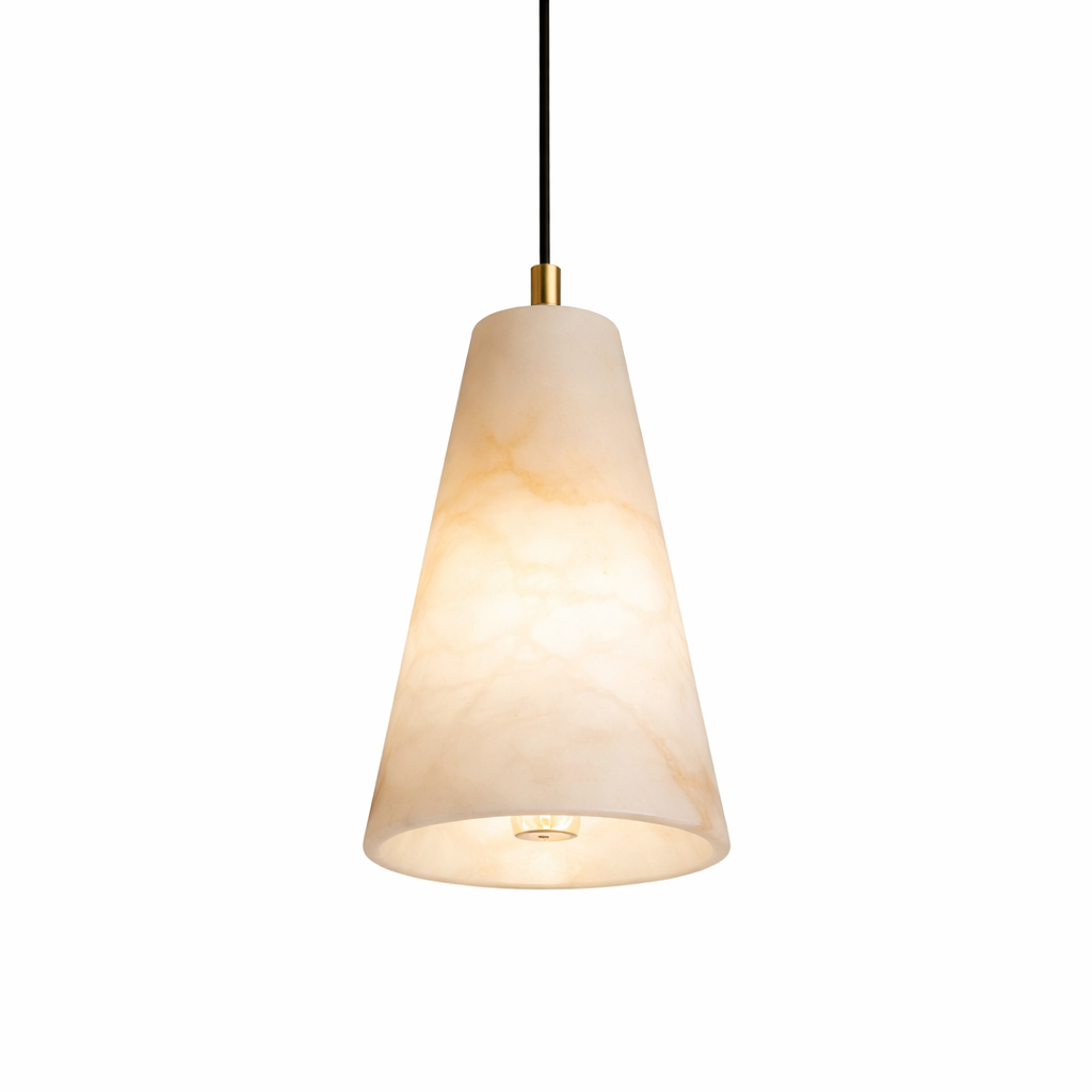Detailed mood shot of the VORELLI Venti Marble Pendant Light II, highlighting its sleek elongated silhouette and soft, diffuse illumination.