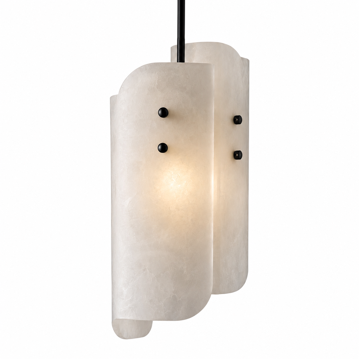 Detailed perspective of the VORELLI Antonio pendant, capturing the mood of contemporary opulence created by diffused light through structured marble panels.