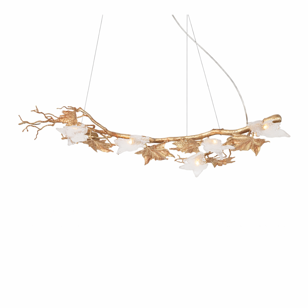 Detailed shot highlighting the softly diffused glass panels and sculptural metal branches of the Maple Grove rectangular chandelier.