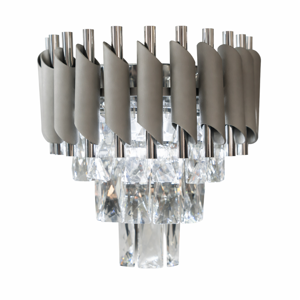 Detailed side-angle view of the Milltimber Wall Light, emphasizing the sharp geometric lines of the rectangle crystals and its high-end finish.