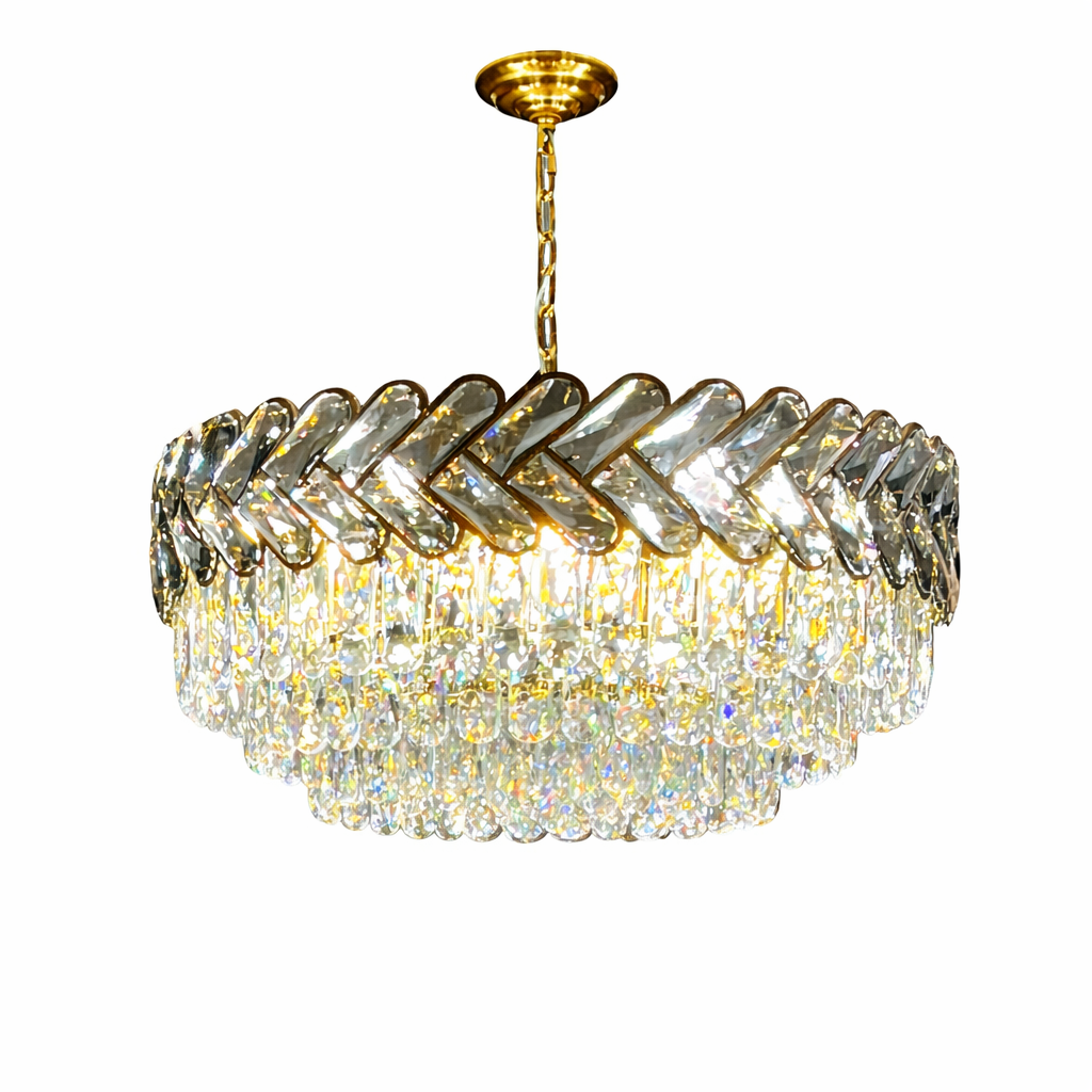 Detailed side profile of the Knightsbridge circular chandelier showcasing the precision-cut chevron crystal pattern and sophisticated sparkle.